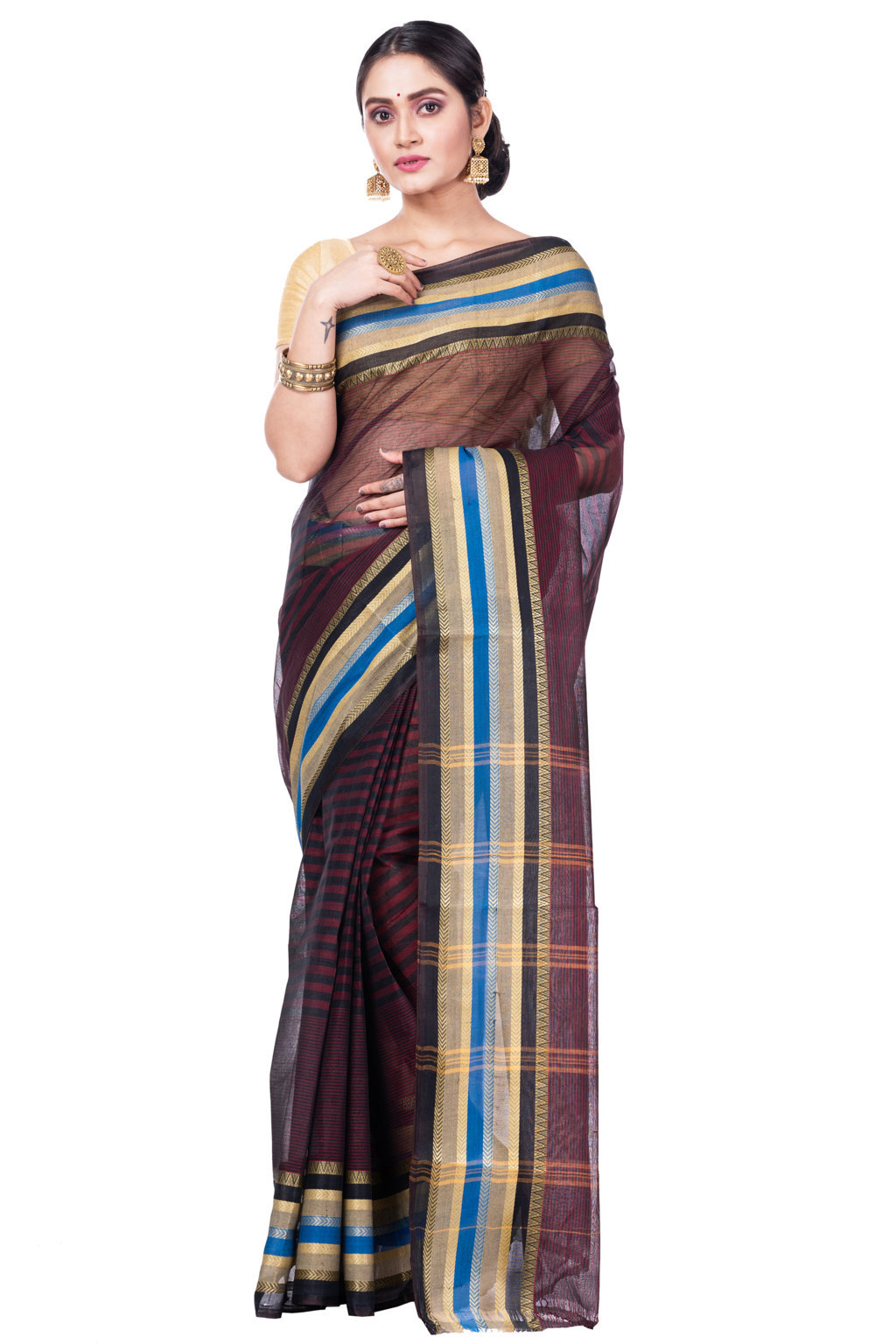 Brown Pure Cotton Khajur_Churi_Strip Tant Saree (657)